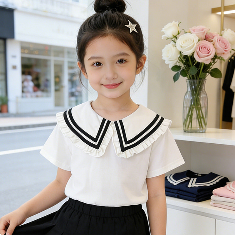 Girls T-shirt with elegant ruffled collar and maritime stripes Mune Fashion