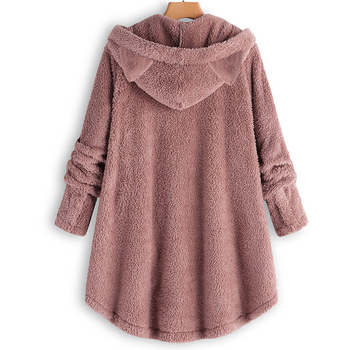 Women's Hooded Teddy Coat with Cat Ears, Button Placket and Asymmetrical Hem Mune Fashion