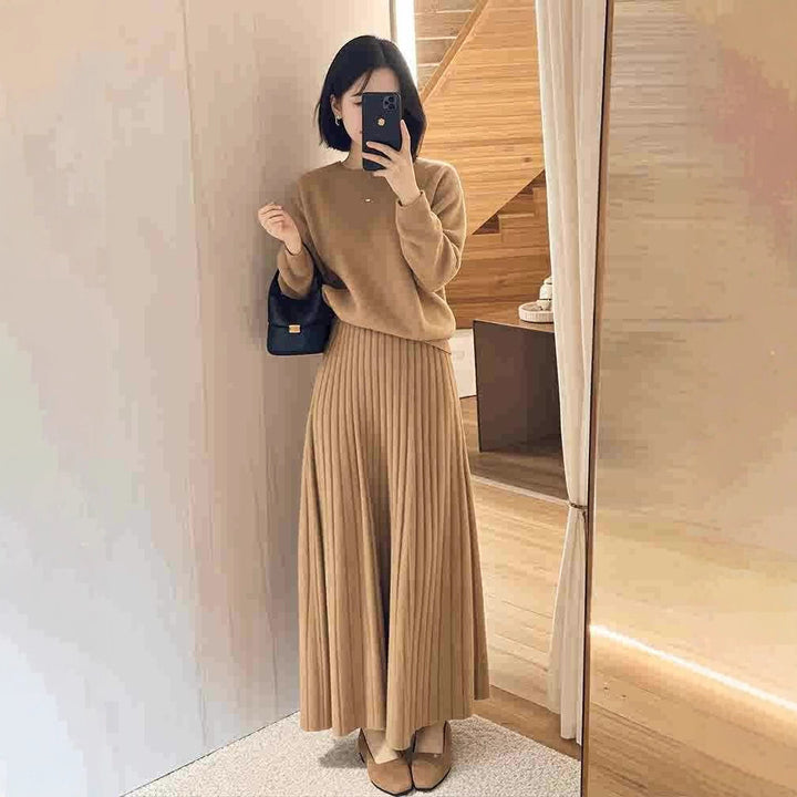 Women Oversize Knit Sweater and Pleated Maxi Skirt Set Mune Fashion