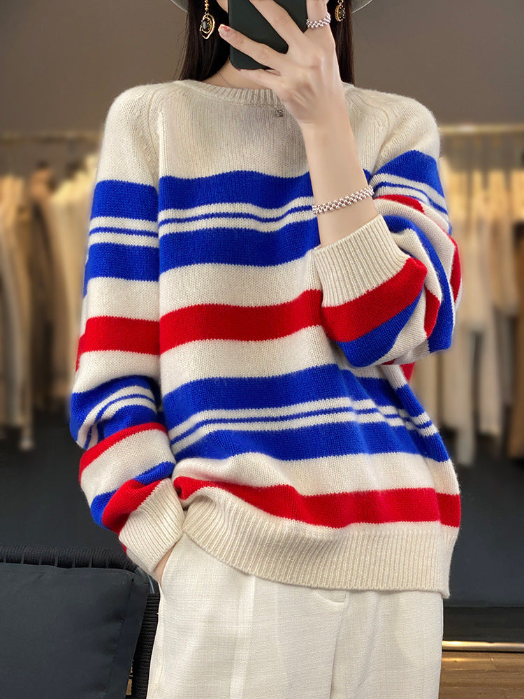 Women’s oversized striped sweater made of soft wool blend with nautical block stripes and round neck Mune Fashion