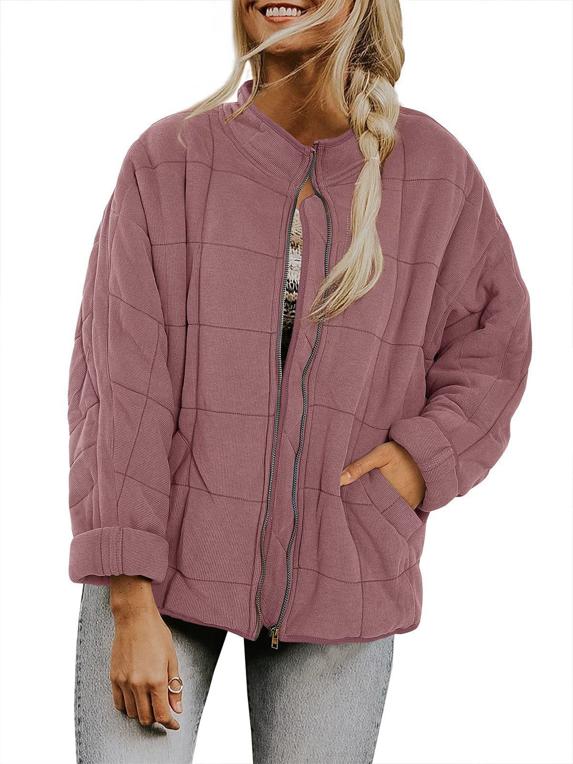 Women's Oversize Quilted Jacket with Zipper and Side Pockets Mune Fashion