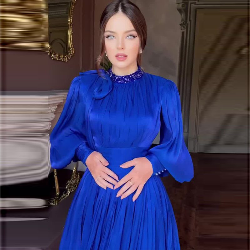Women Elegant Chiffon Maxi Dress with Tailored Wrap Waist, Stand Collar and Long Puff Sleeves Mune Fashion