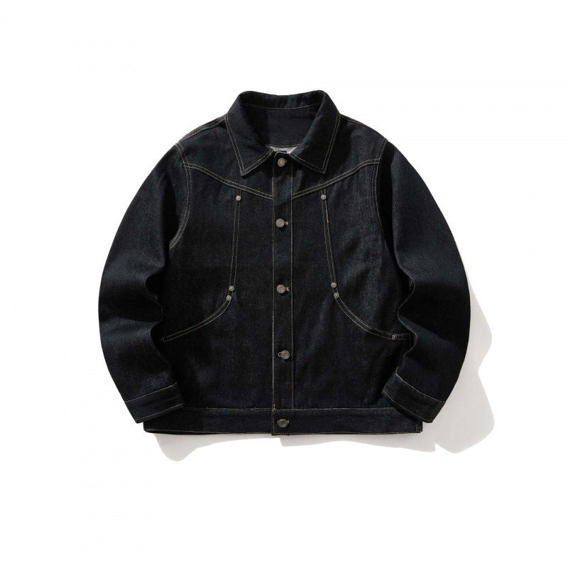 Men's short-cut denim worker jacket with boxy silhouette, contrast seams, and round pockets Mune Fashion