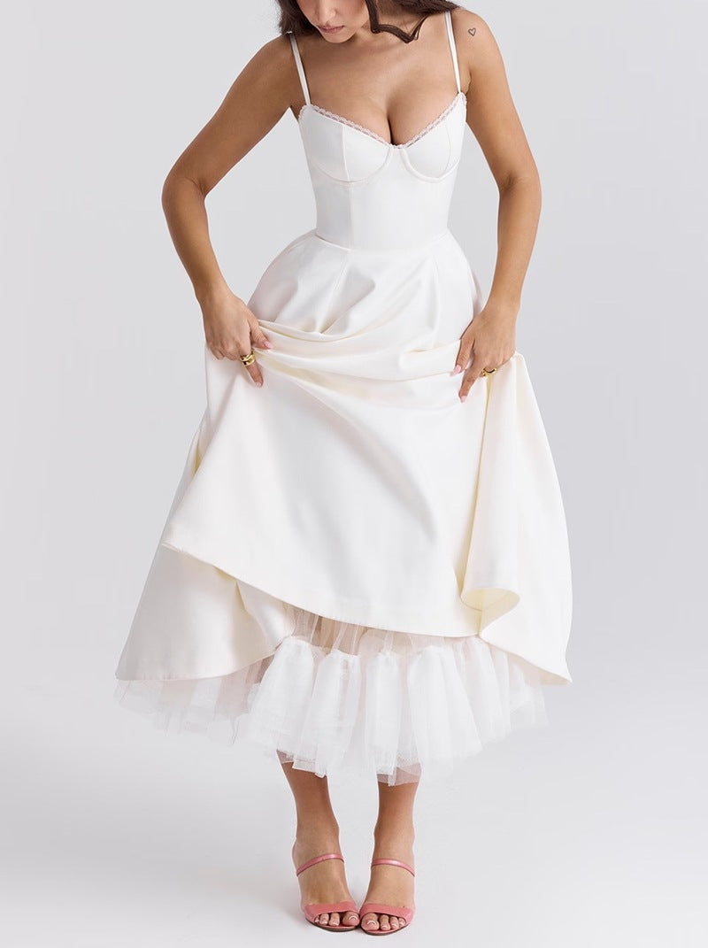 Women's tailored retro-inspired midi dress with corset underbust seams, flared skirt, and side pockets Mune Fashion