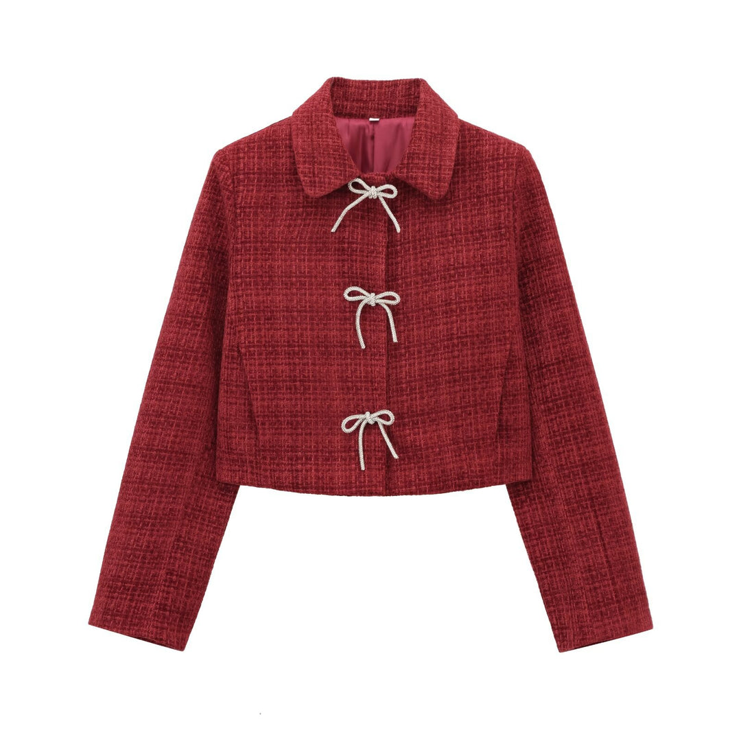 Women's Short Boucle Tweed Jacket with Peter Pan Collar and Decorative Bow Closures Mune Fashion