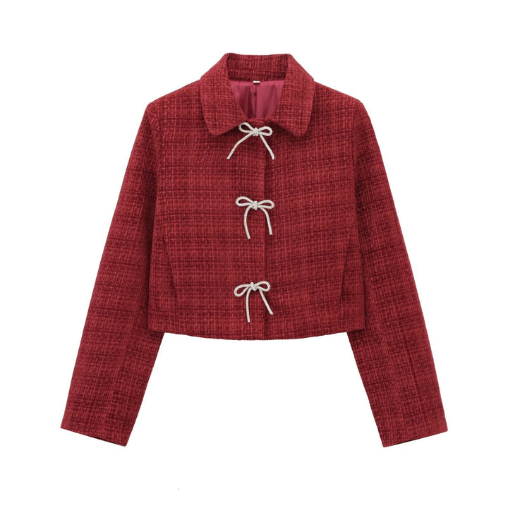 Women's Short Boucle Tweed Jacket with Peter Pan Collar and Decorative Bow Closures Mune Fashion