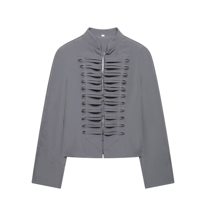 Women Short Blouse Jacket with Pleated Ruffle Yoke and Stand-up Collar Mune Fashion