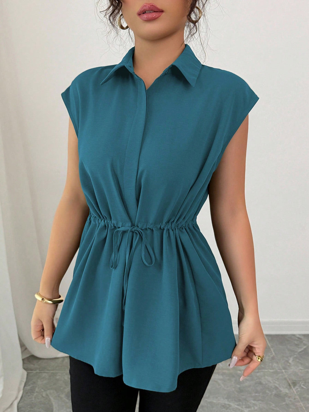 Women's Sleeveless Shirt Blouse Tunic with Drawstring Waistband Mune Fashion