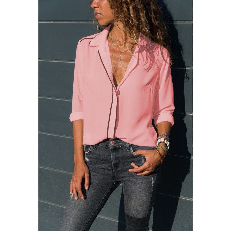 Women Elegant Blouse with Contrast Piping, V-Neck and Roll-Up Sleeves Mune Fashion