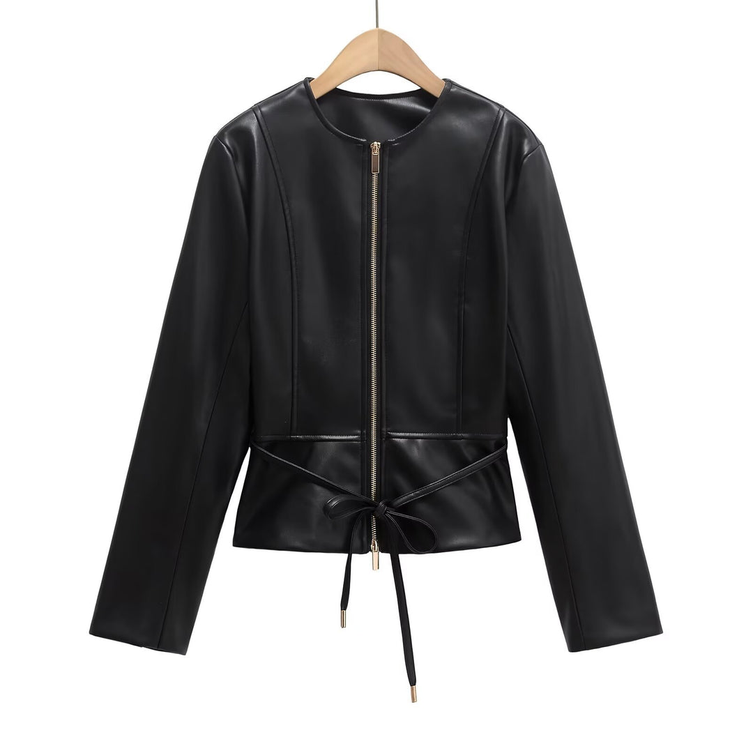 Women's Collarless Faux Leather Jacket with Zipper and Waistband Mune Fashion