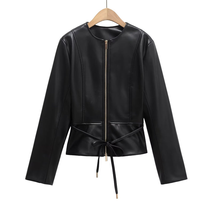 Women's Collarless Faux Leather Jacket with Zipper and Waistband Mune Fashion