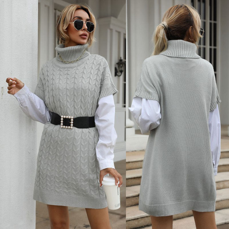 Women's knitted dress with roll neck, cable pattern and sleeveless tunic silhouette Mune Fashion