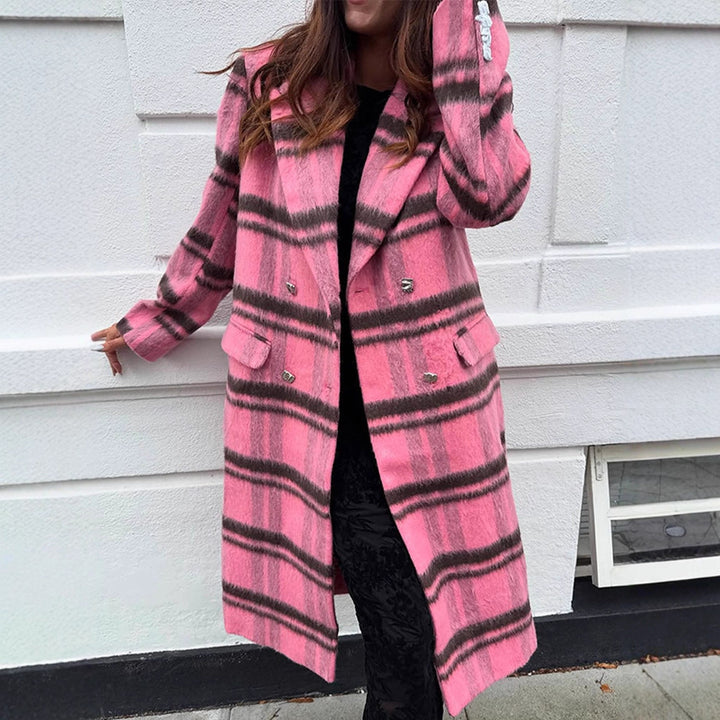 Women Mid-length checkered wool blend coat with double-breasted button placket and shawl collar Mune Fashion