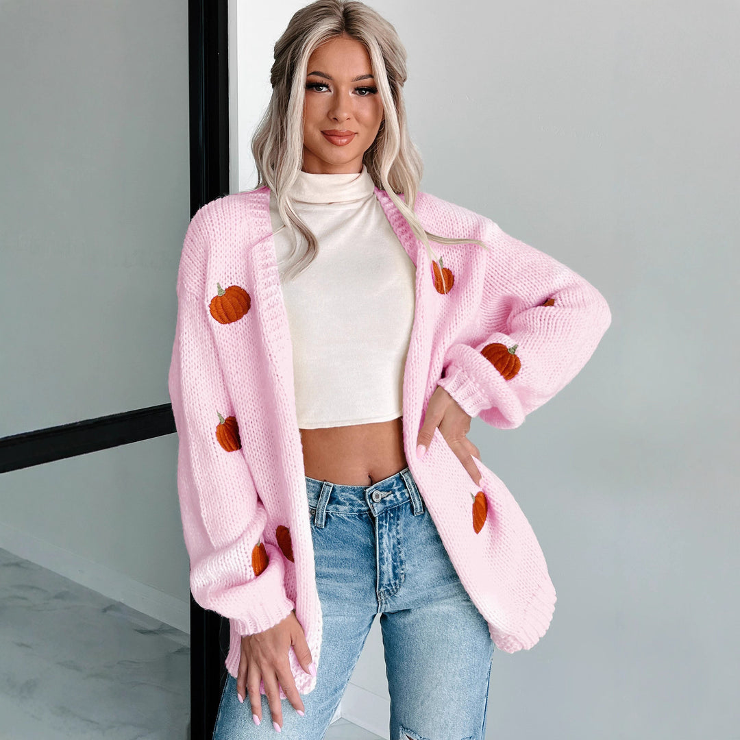 Women Cozy Oversized Knit Cardigan with Pumpkin Embroidery Mune Fashion