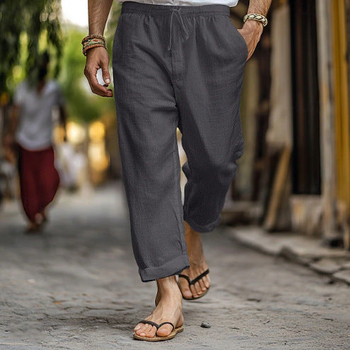 Men's casual linen jogger pants with elastic drawstring waistband, side pockets, and rollable hem Mune Fashion
