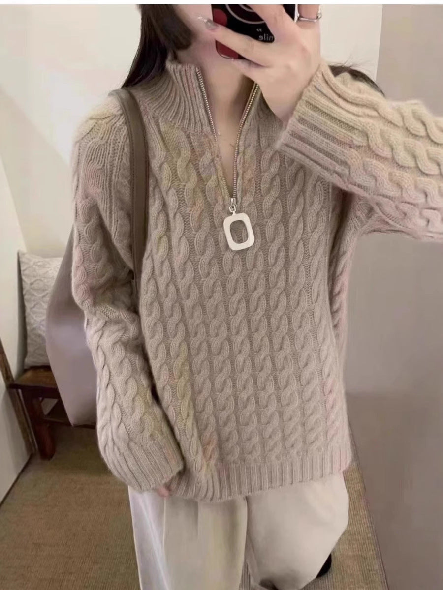 Women Oversize Cable Knit Fine Knit Sweater with Half Zipper and Stand-up Collar Mune Fashion