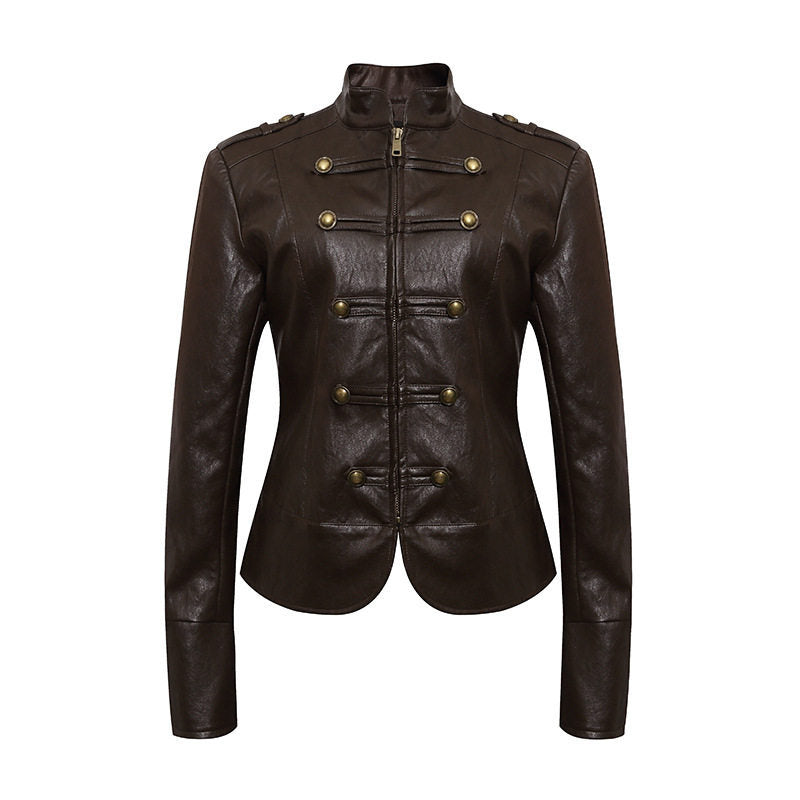 Women’s fitted leather jacket in military style with stand-up collar and decorative button placket Mune Fashion