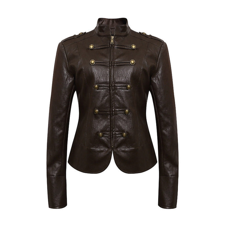 Women’s fitted leather jacket in military style with stand-up collar and decorative button placket Mune Fashion