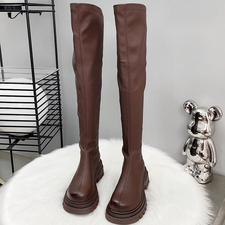 Women's Thigh-High Stretch Boots with Sleek Shaft and Shaped Platform Sole Mune Fashion