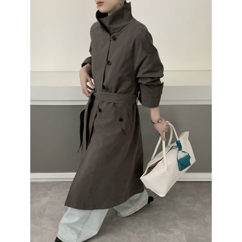 Women Mid-length Trench Coat with High Stand Collar, Tie Belt and Casual Oversize Silhouette Mune Fashion