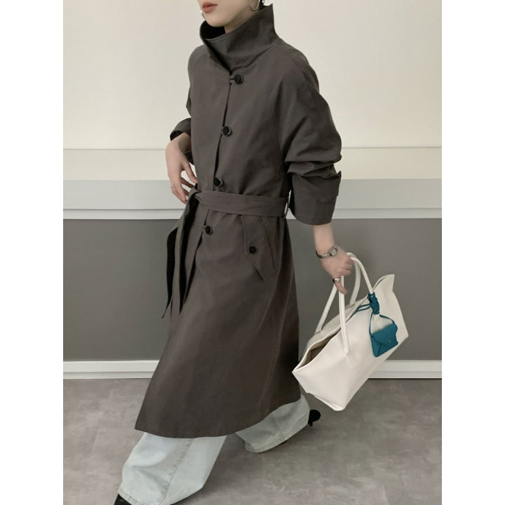 Women Mid-length Trench Coat with High Stand Collar, Tie Belt and Casual Oversize Silhouette Mune Fashion