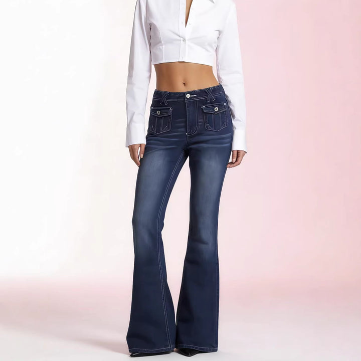 Women's high-waist flared jeans with decorative patch front pockets and form-fitting thigh area Mune Fashion