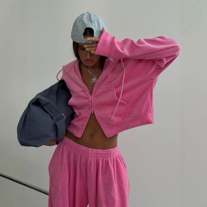 Women's Velvet Set Oversized with Cropped Zip Hoodie and Wide Pleated Trousers Mune Fashion