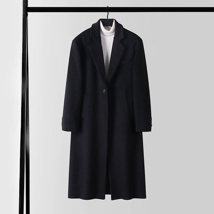 Men's Tailored Wool Blend Long Coat with Shawl Collar and One Button Closure Mune Fashion