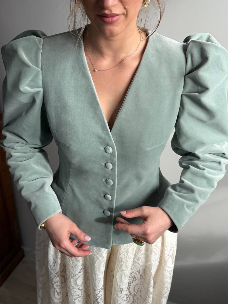 Women Fitted Velvet Blazer with Emphasized Waist, V-Neck and Voluminous Puff Sleeves Mune Fashion