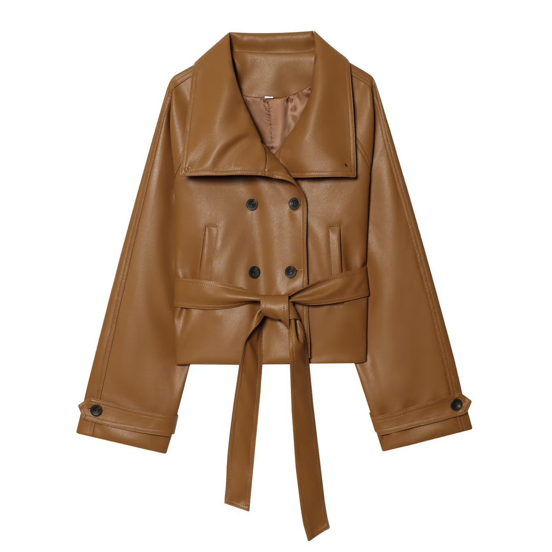 Women's Short Cut Faux Leather Trench Coat with Oversized Lapels, Double-Breasted Button Placket and Tied Belt Mune Fashion