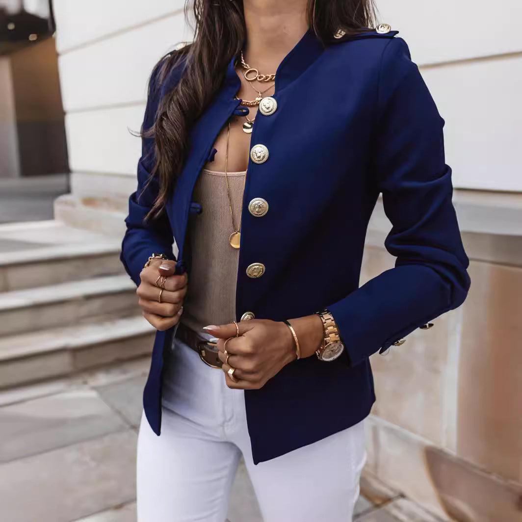 Women's military blazer with stand-up collar and decorative gold buttons Mune Fashion