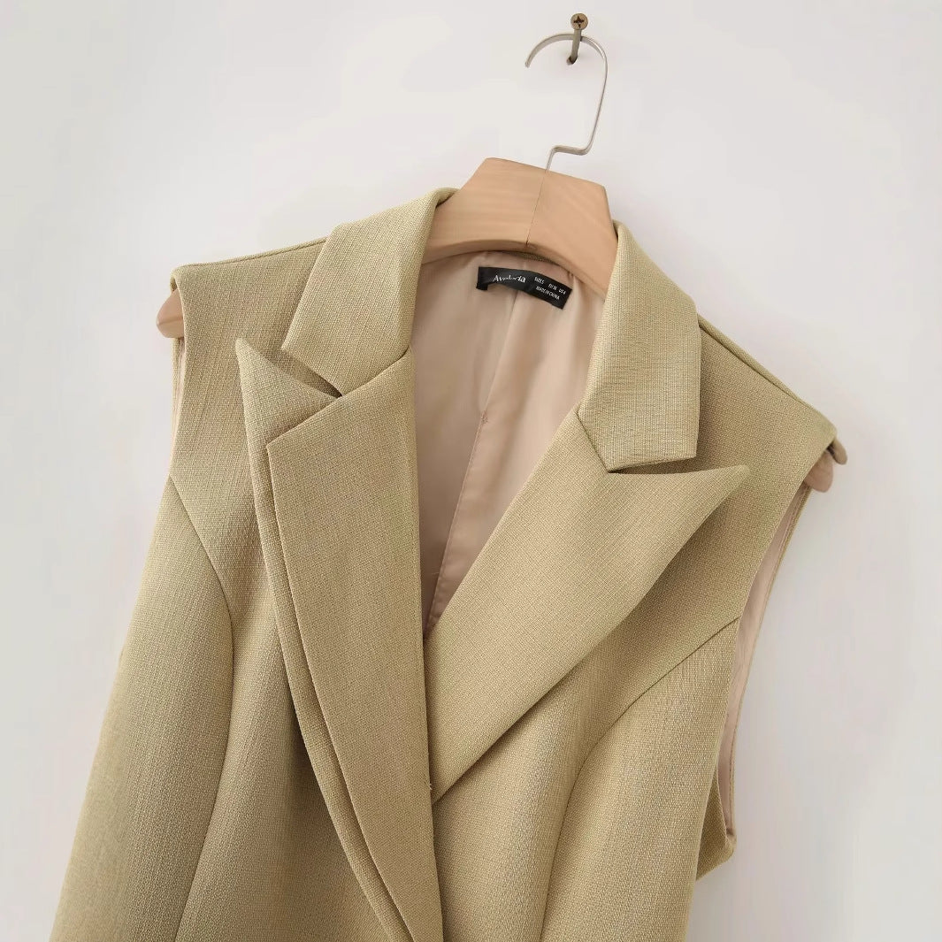 Women's tailored long blazer vest with lapel collar and patch pockets Mune Fashion