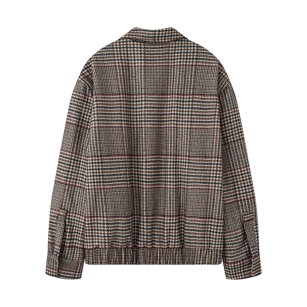 Women's Oversize Short Jacket in Houndstooth Pattern with Stand Collar and Elastic Hem Mune Fashion