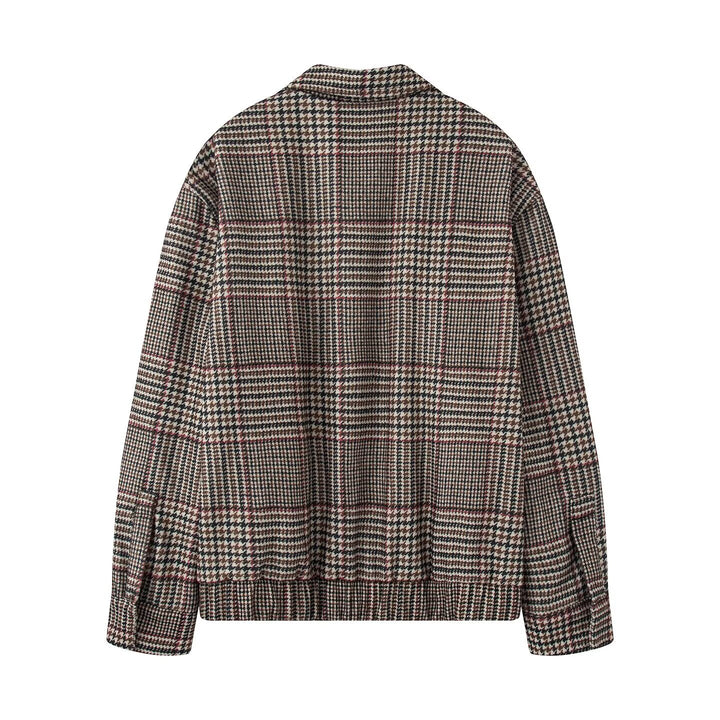Women's Oversize Short Jacket in Houndstooth Pattern with Stand Collar and Elastic Hem Mune Fashion