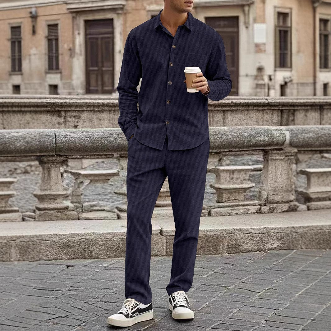 Men's casual shirt-pants two-piece set made of fine corduroy with chest pocket and straight fit Mune Fashion