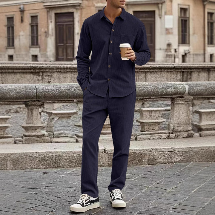 Men's casual shirt-pants two-piece set made of fine corduroy with chest pocket and straight fit Mune Fashion