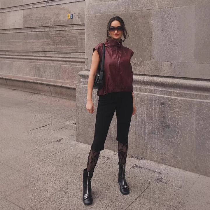 Women Sleeveless Leather Vest with High Stand Collar, Short Boxy Cut and Front Zipper Mune Fashion