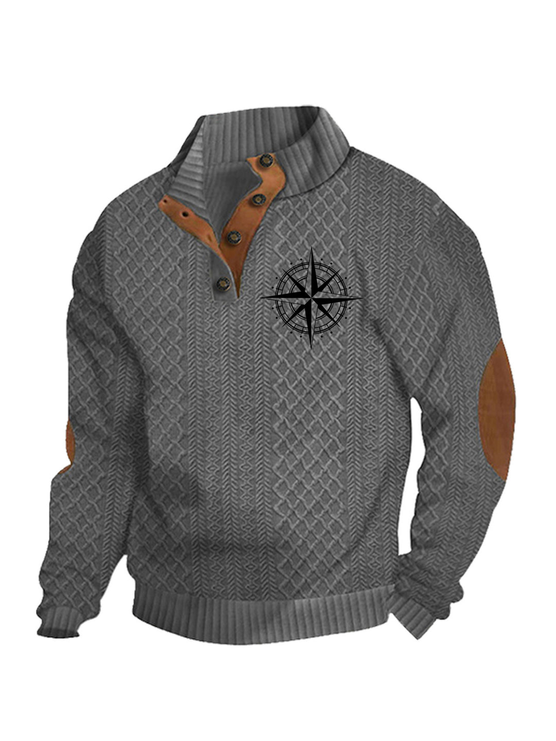 Men's nan Heritage textured pullover with stand-up collar faux leather trim elbow patches and half-button placket Mune Fashion