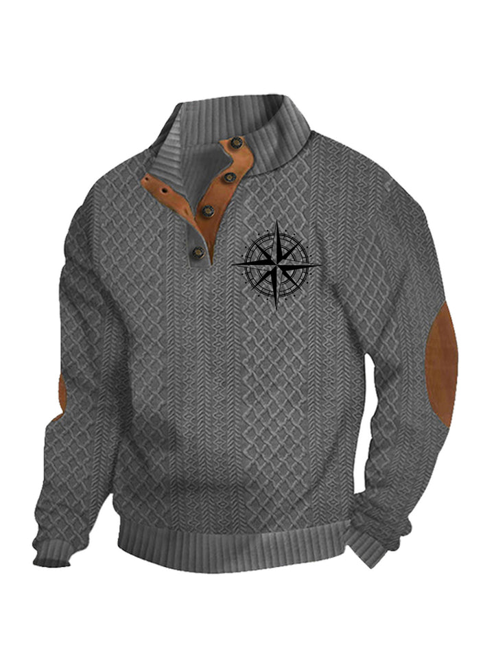 Men's nan Heritage textured pullover with stand-up collar faux leather trim elbow patches and half-button placket Mune Fashion