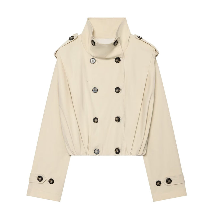 Women's Cropped Double-Breasted Trench Blouson with High Stand Collar, Epaulettes and Elastic Hem Drune