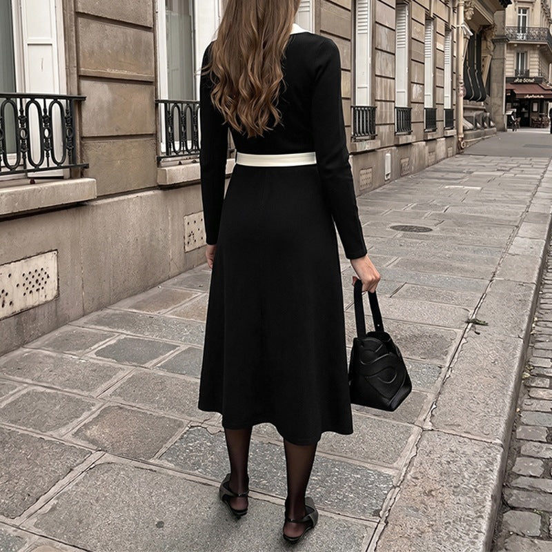 Women's Elegant A-Line Midi Dress with V-Neck, Decorative Button Placket, Contrast Piping & Tie Belt Mune Fashion