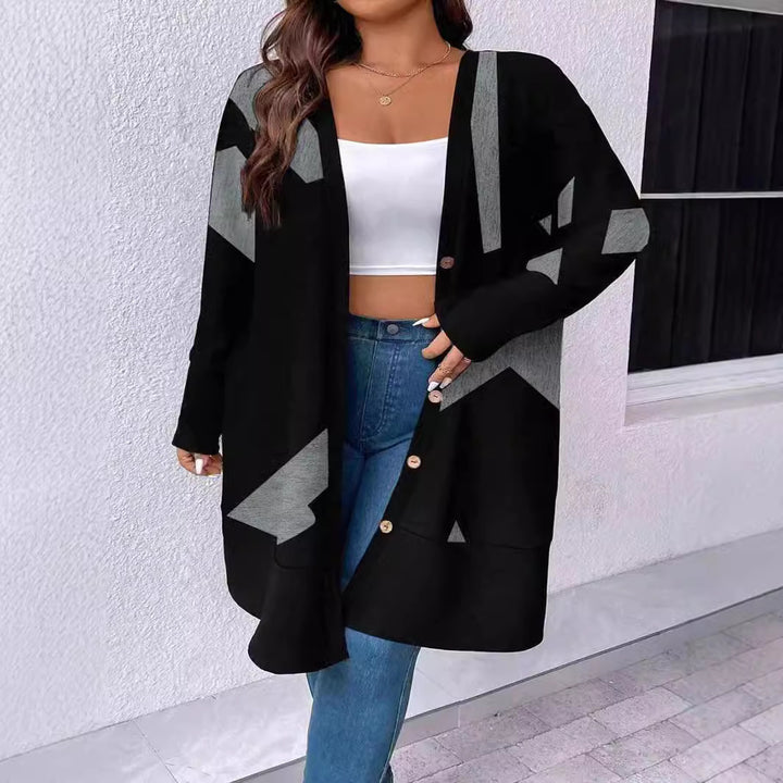 Women's Oversize Knit Cardigan with Geometric Pattern, Button Closure and Patch Pockets Mune Fashion