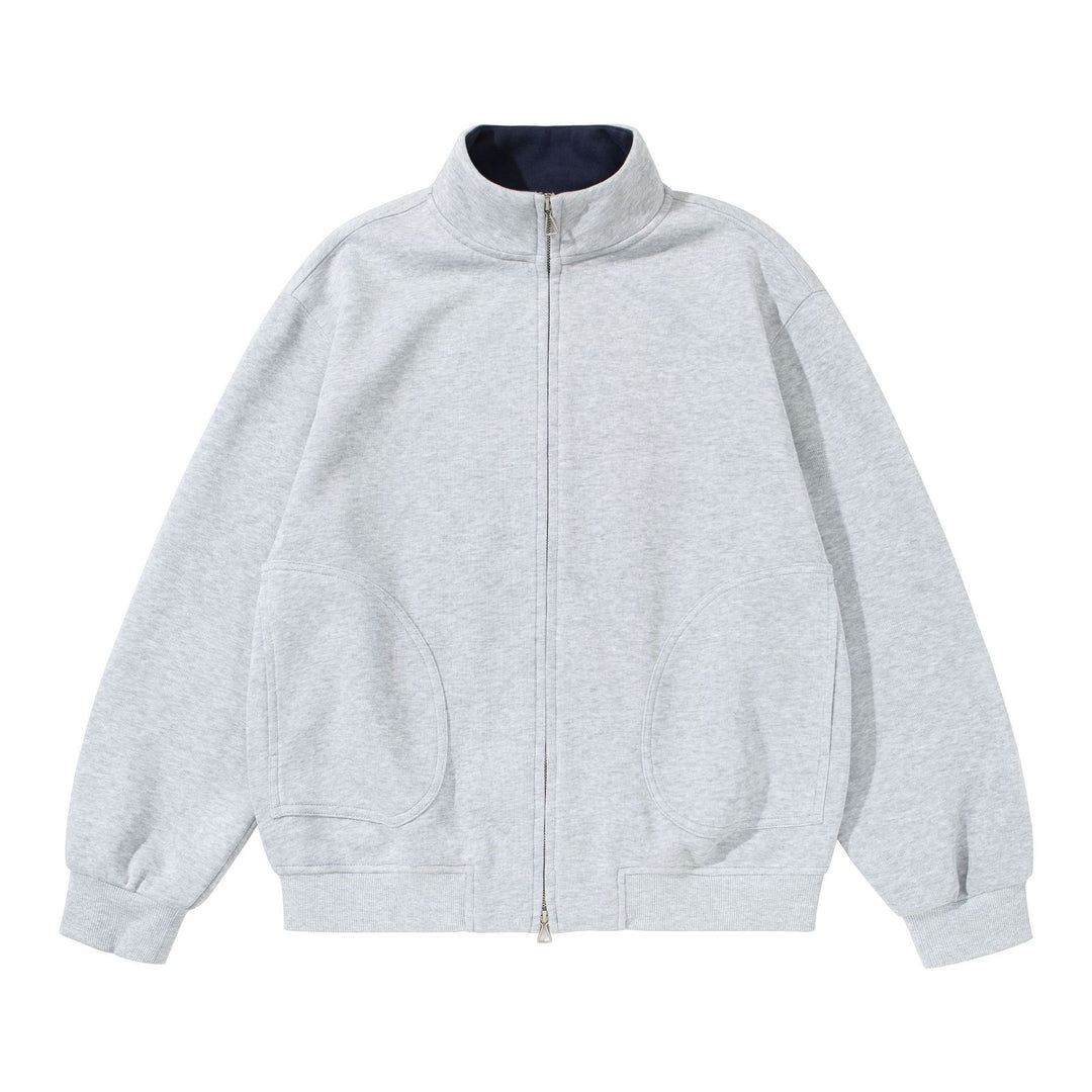Unisex Oversize Sweat Jacket with Stand-up Collar, Two-way Zipper and Distinctive Half-round Pockets Mune Fashion