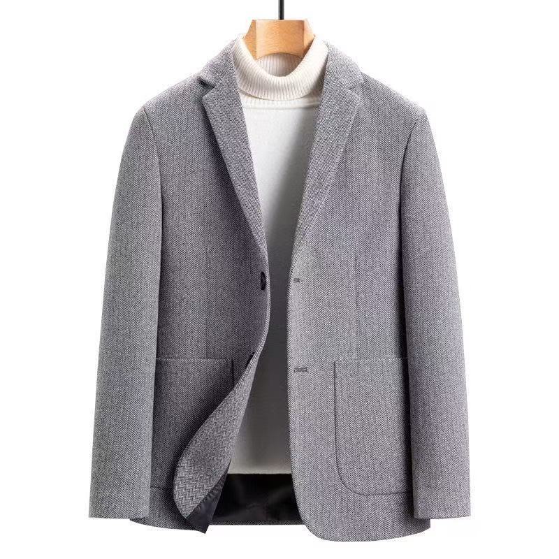 Men's Casual Wool Blend Blazer in Herringbone Pattern with Patch Pockets Mune Fashion