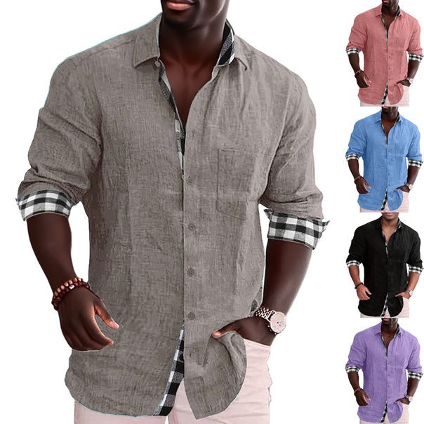 Men's linen mix casual shirt with contrasting check cuffs and a patch breast pocket Mune Fashion