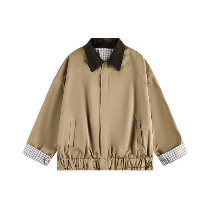 Unisex Short Cut Boxy Blouson Jacket with Cord Collar and Checked Sleeve Cuff Mune Fashion