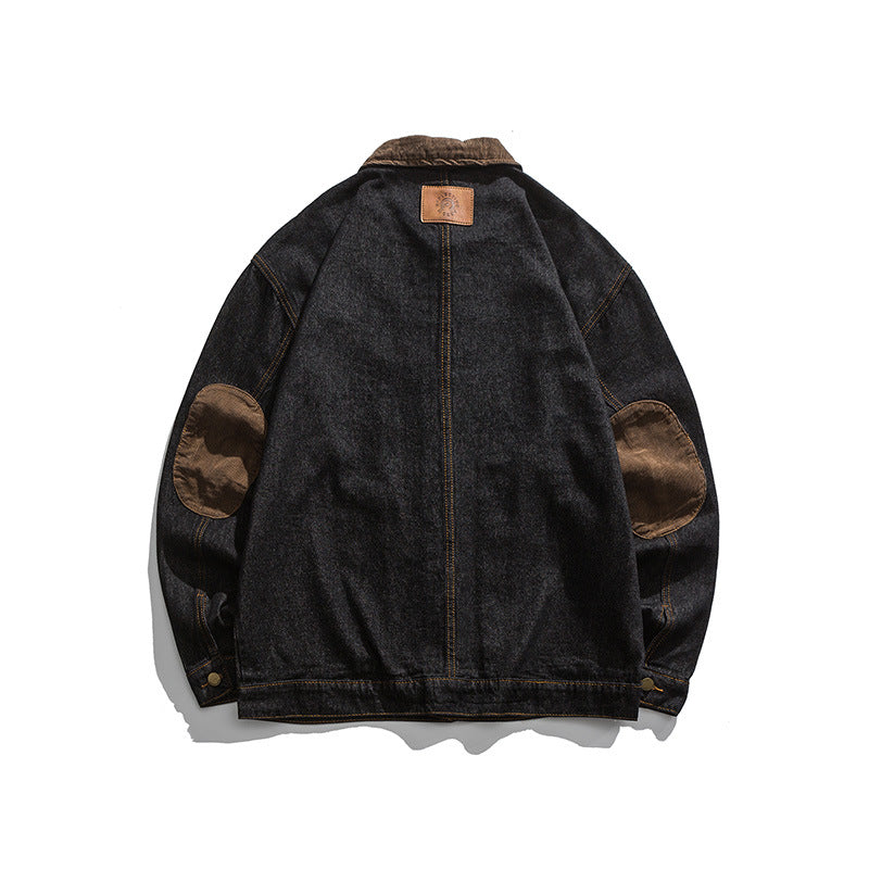 Men's Boxy Denim Work Jacket with Cord Collar, Flap Pockets and Elbow Patches Mune Fashion