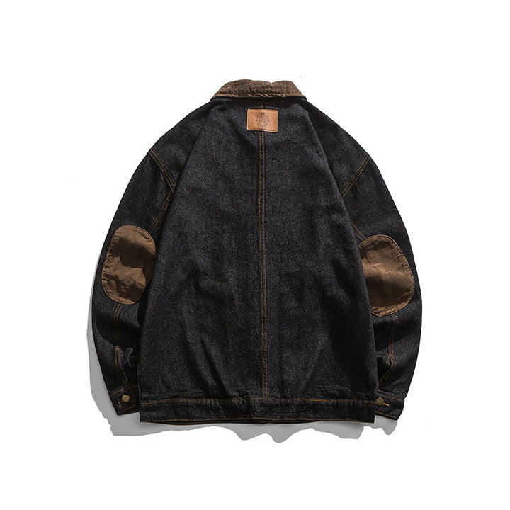 Men's Boxy Denim Work Jacket with Cord Collar, Flap Pockets and Elbow Patches Mune Fashion
