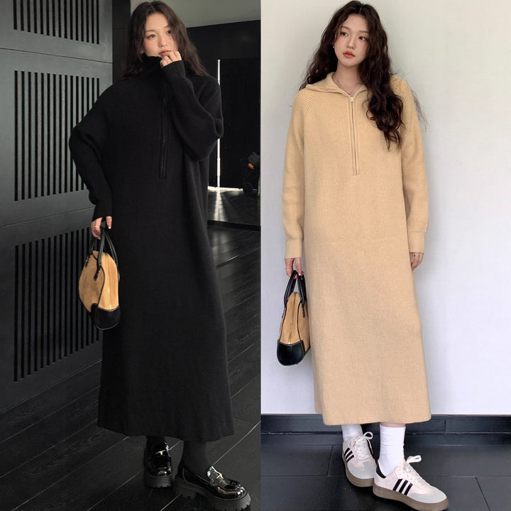 Women's Ribbed Hooded Knitted Maxi Dress with Half Zipper and Wide Fall Mune Fashion