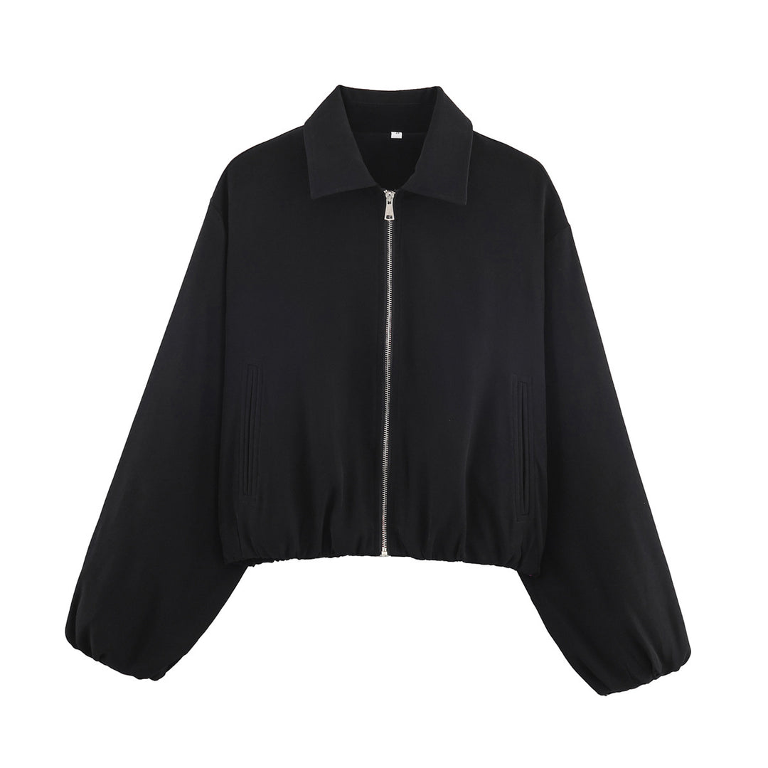 Women's Cropped Bomber Jacket with Balloon Sleeves, Elastic Hem and Lapel Collar Mune Fashion